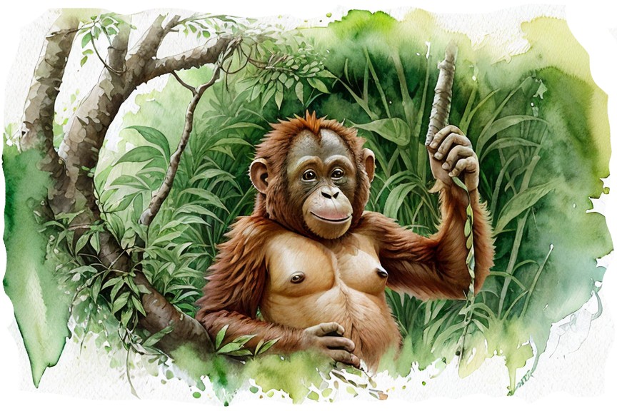 watercolor orangutan in jungle